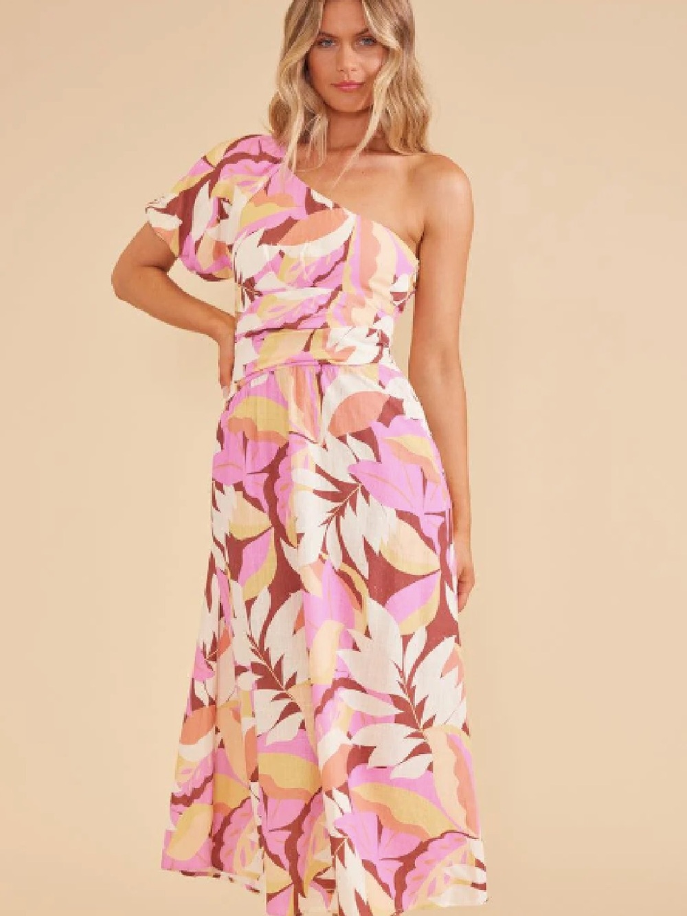 MINKPINK One-Shoulder Floral Maxi Dress in Pink, Coral & Cream NWOT